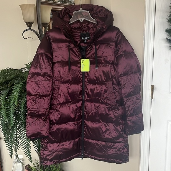 Brand New Sam Edelman Hooded Funnel Zippered Puffer Coat Jacket Burgundy Sheen - Picture 13 of 13